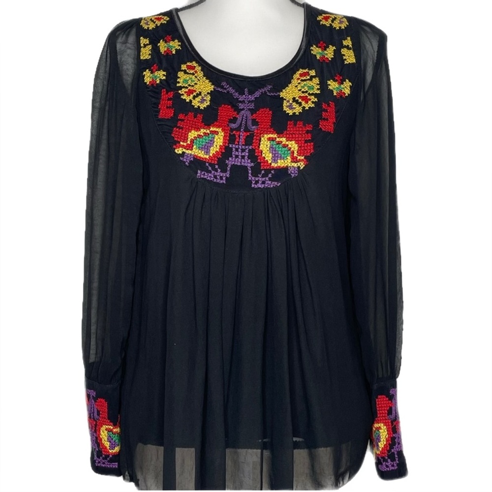 Panelli Embroidered Sheer Long Sleeve Black Boho Tunic Blouse